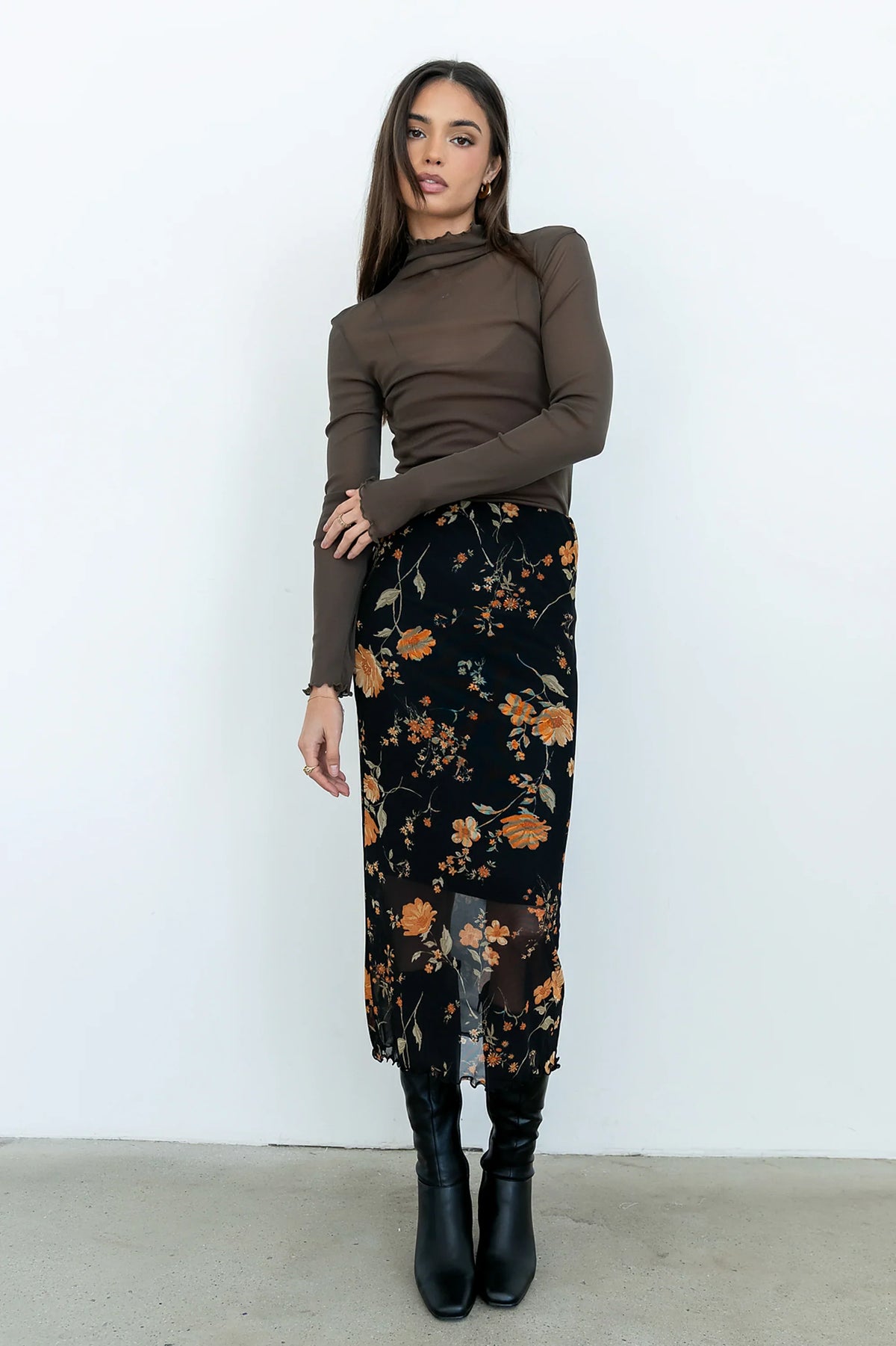 Carly Mesh Midi Skirt in Black