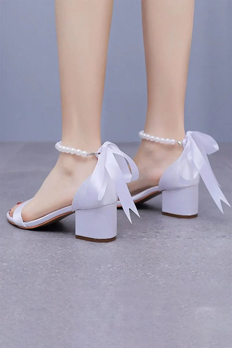 Single Strap Chunky Heels Sandals with Beaded Ribbons