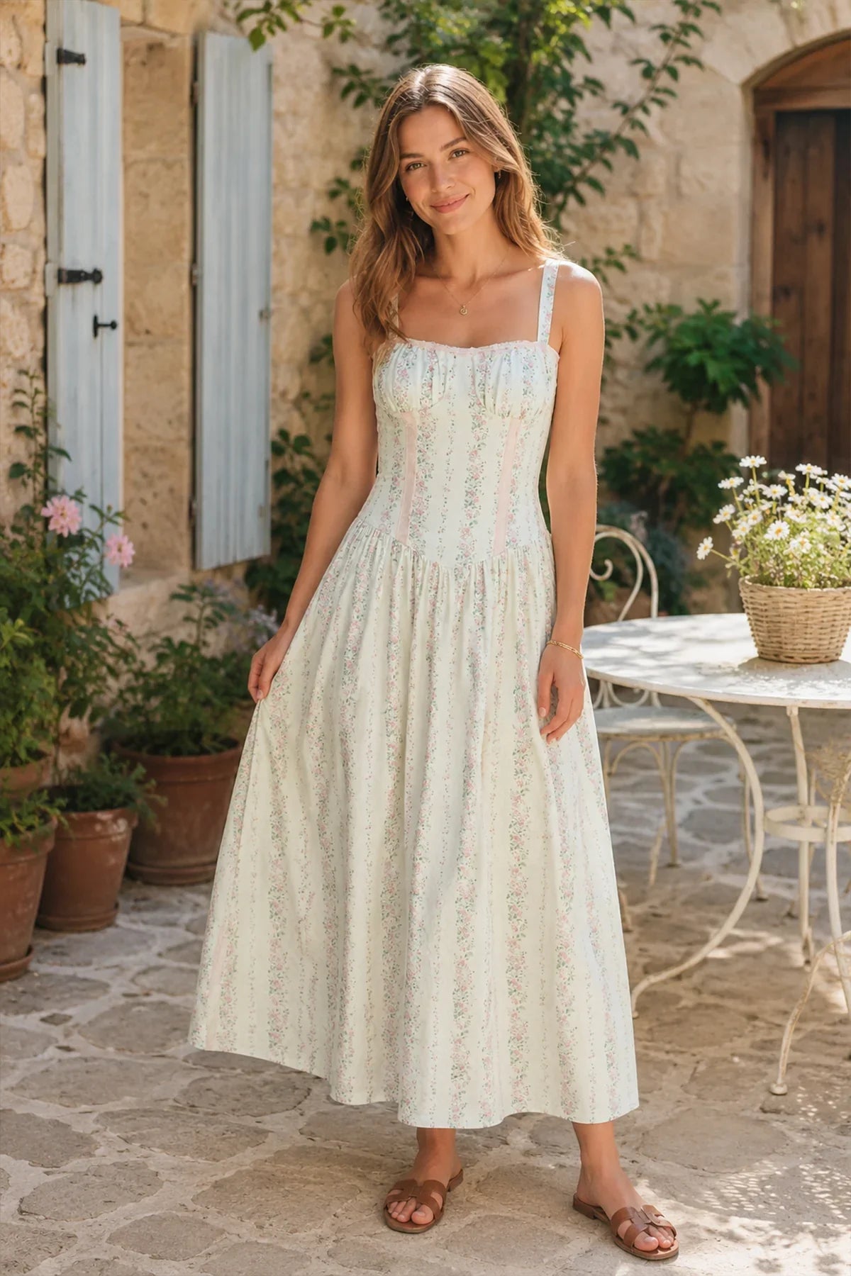 White Vintage Rose Printed A Line Cotton Midi Dress