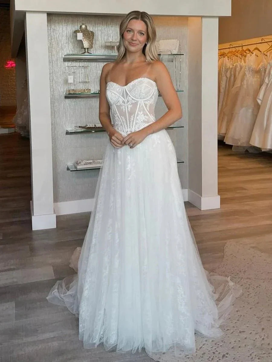 Charming A Line Strapless Tulle Lace Wedding Dresses