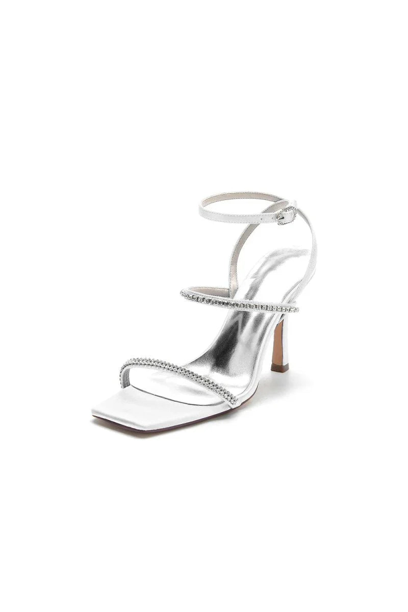 Crystal Cross Straps Square Open Toe Chunky Heels