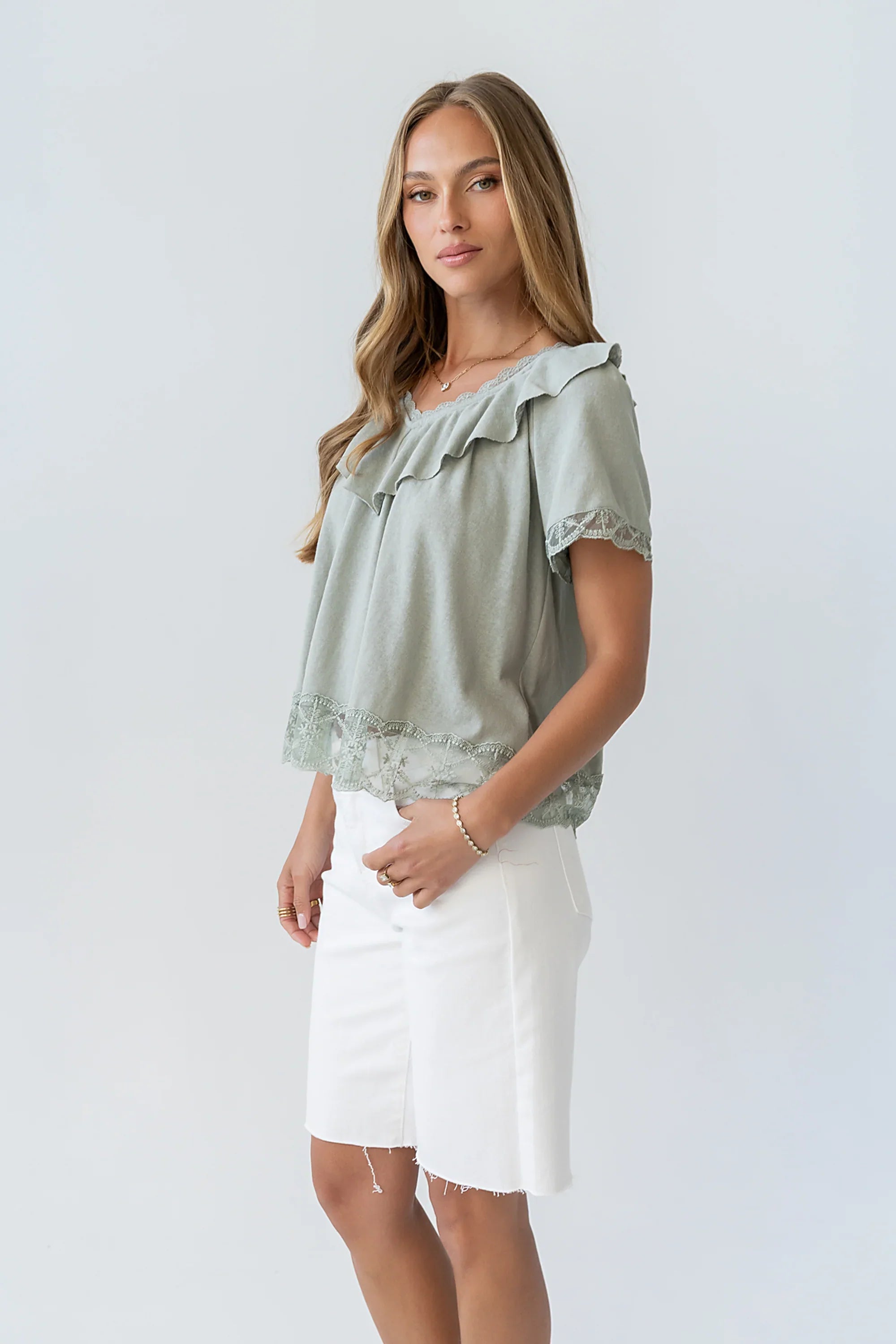 Lilian Lace Trim Top in Sage