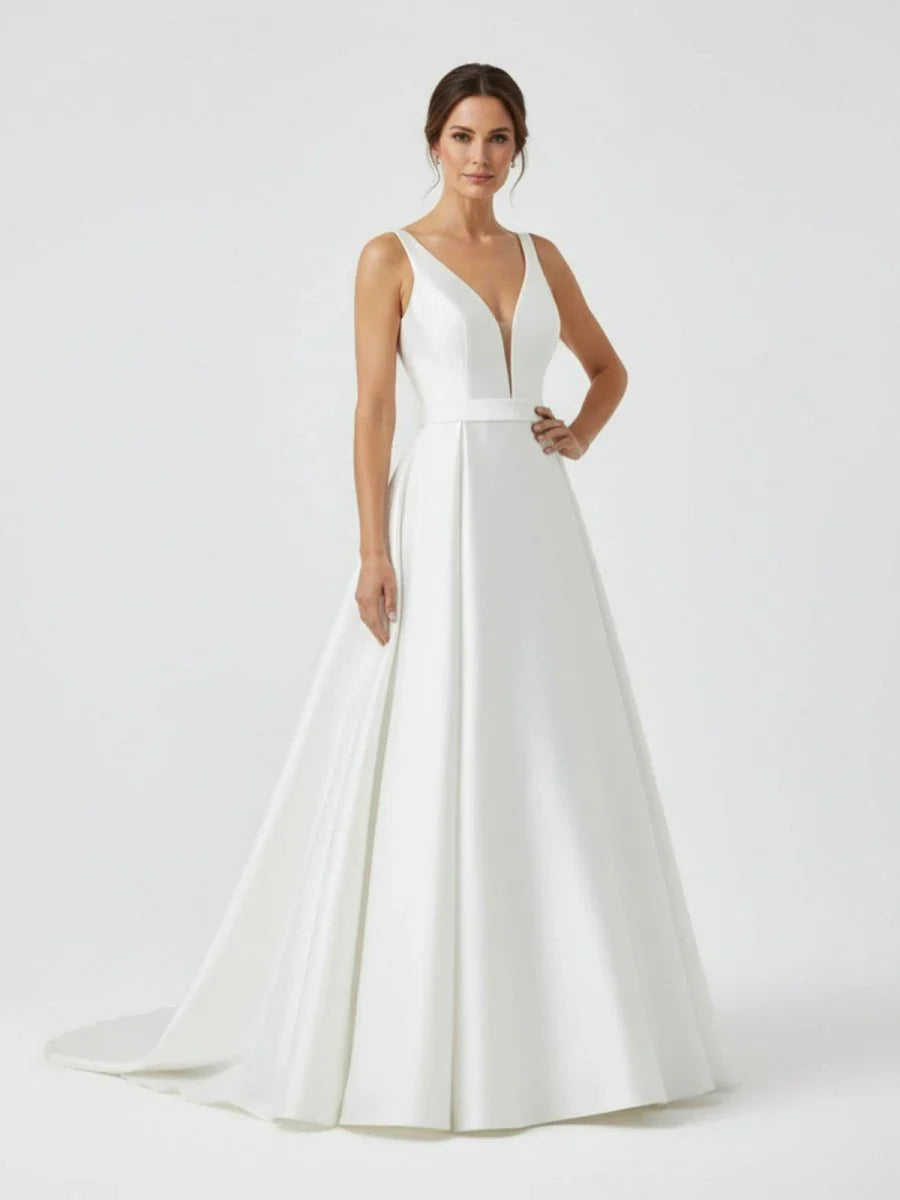 Ivory A Line Deep V Neck Long Wedding Dress with Bowknot