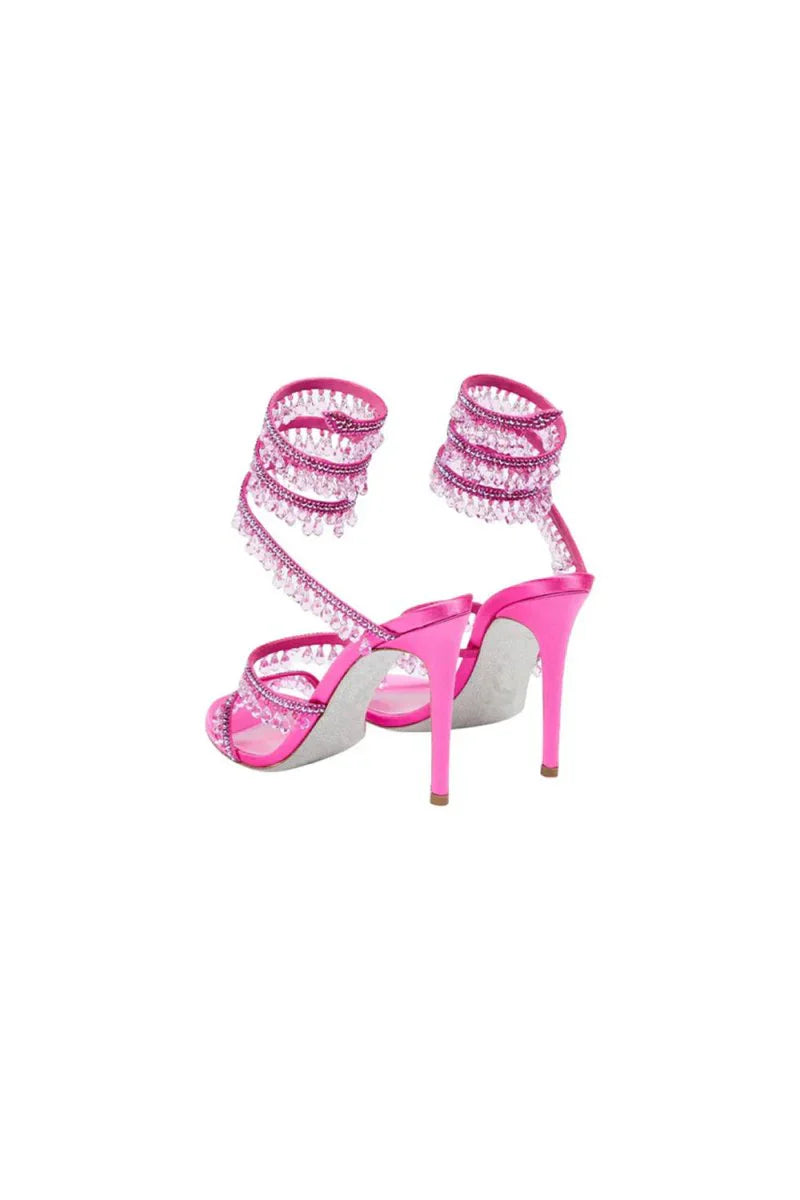 Open Toe Ankle Wrap Beaded Crystal Stiletto Heels