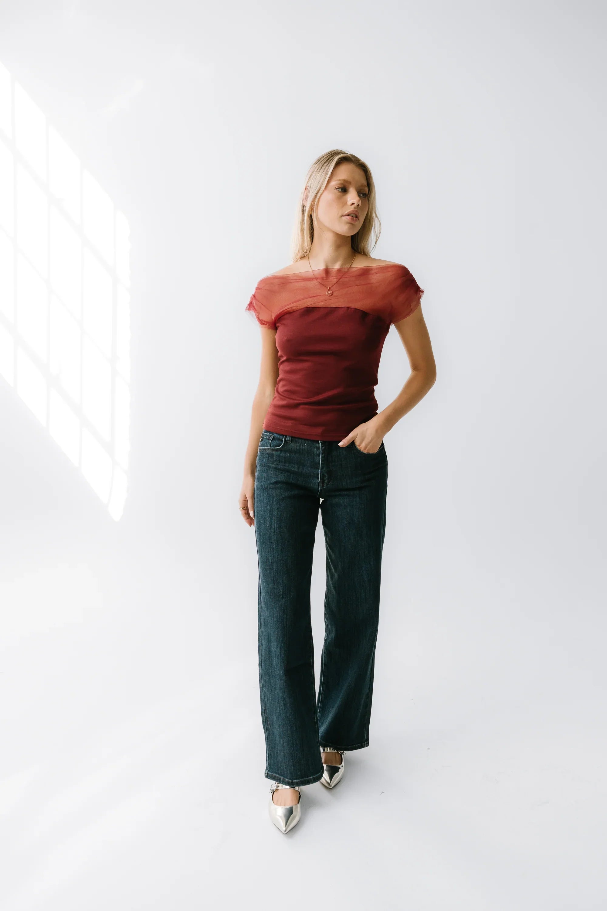 Tracy Mixed Media Top in Burgundy