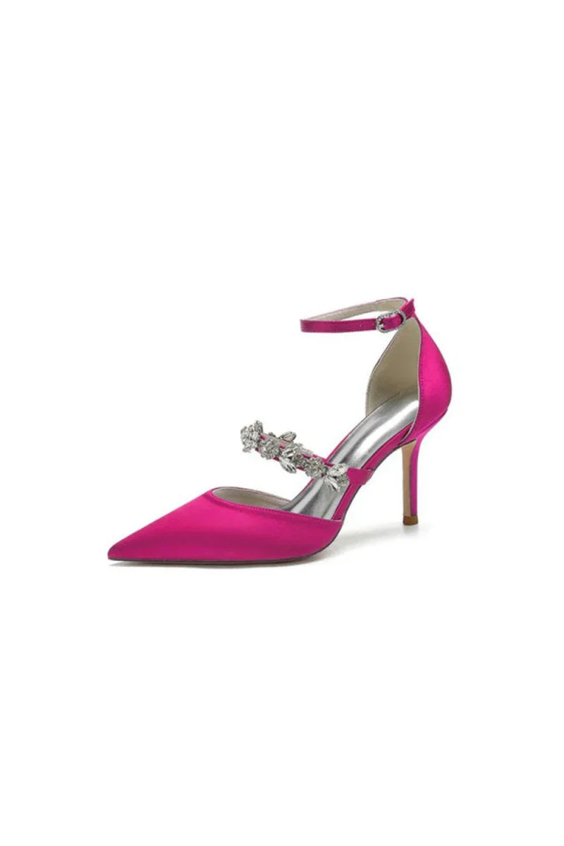 Crystal Strap Pointed Toe Satin High Heels