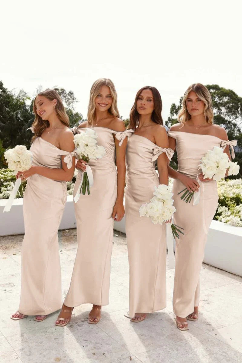 Off Shoulder Sheath Pleated Satin Sky Blue Long Bridesmaid Dress