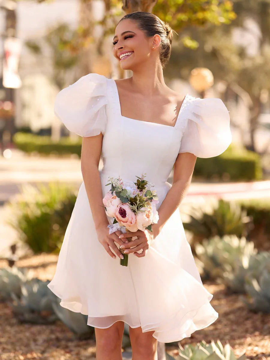 A Line Square Neck Short Wedding Dress With Puffy Pearls Sleeves