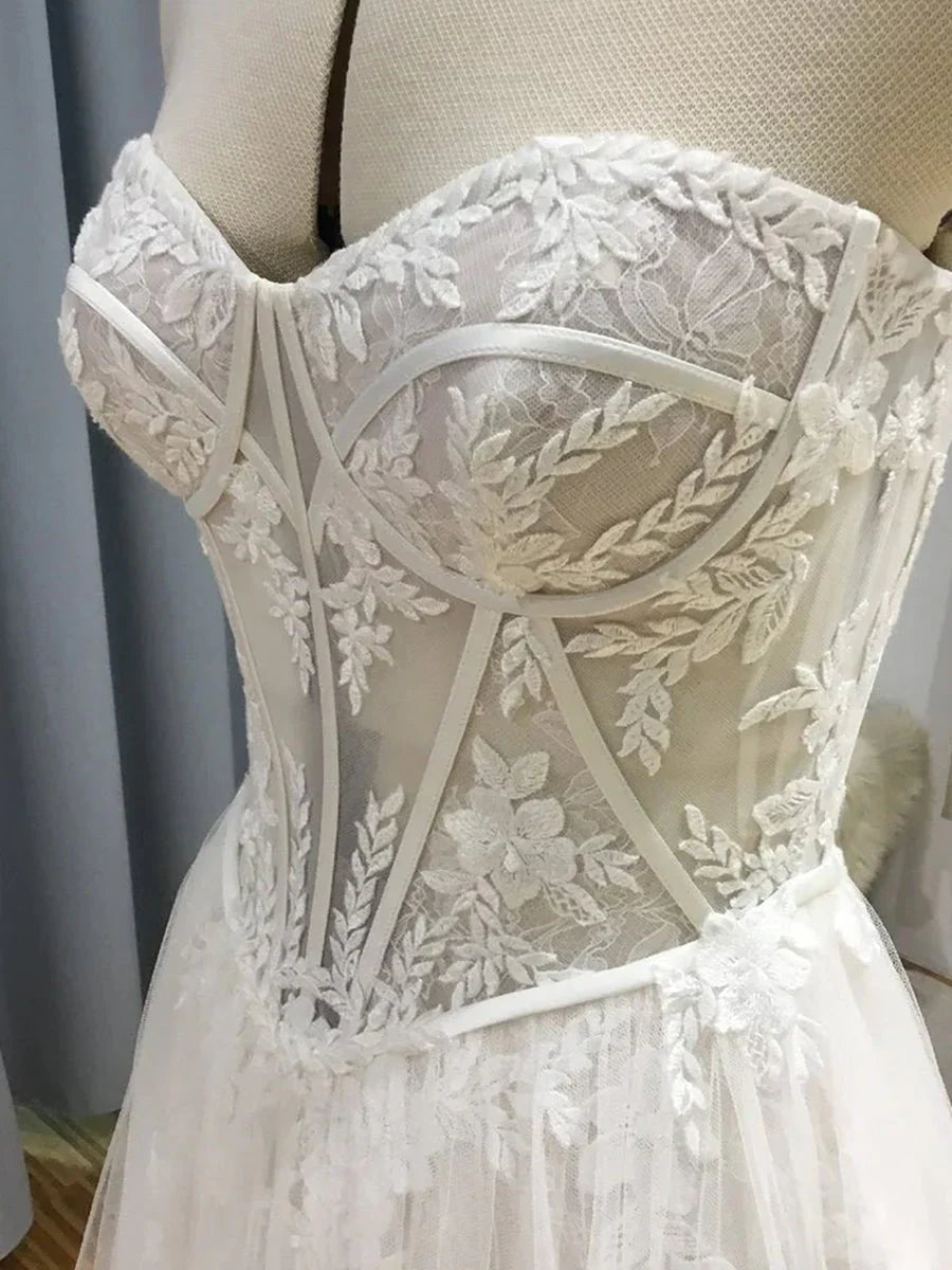 Charming A Line Strapless Tulle Lace Wedding Dresses