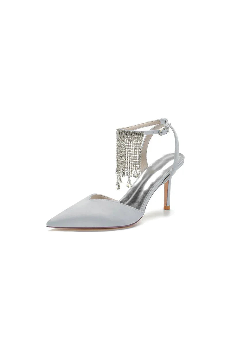 Pointed Toe Crystal Tassel Strap Heels