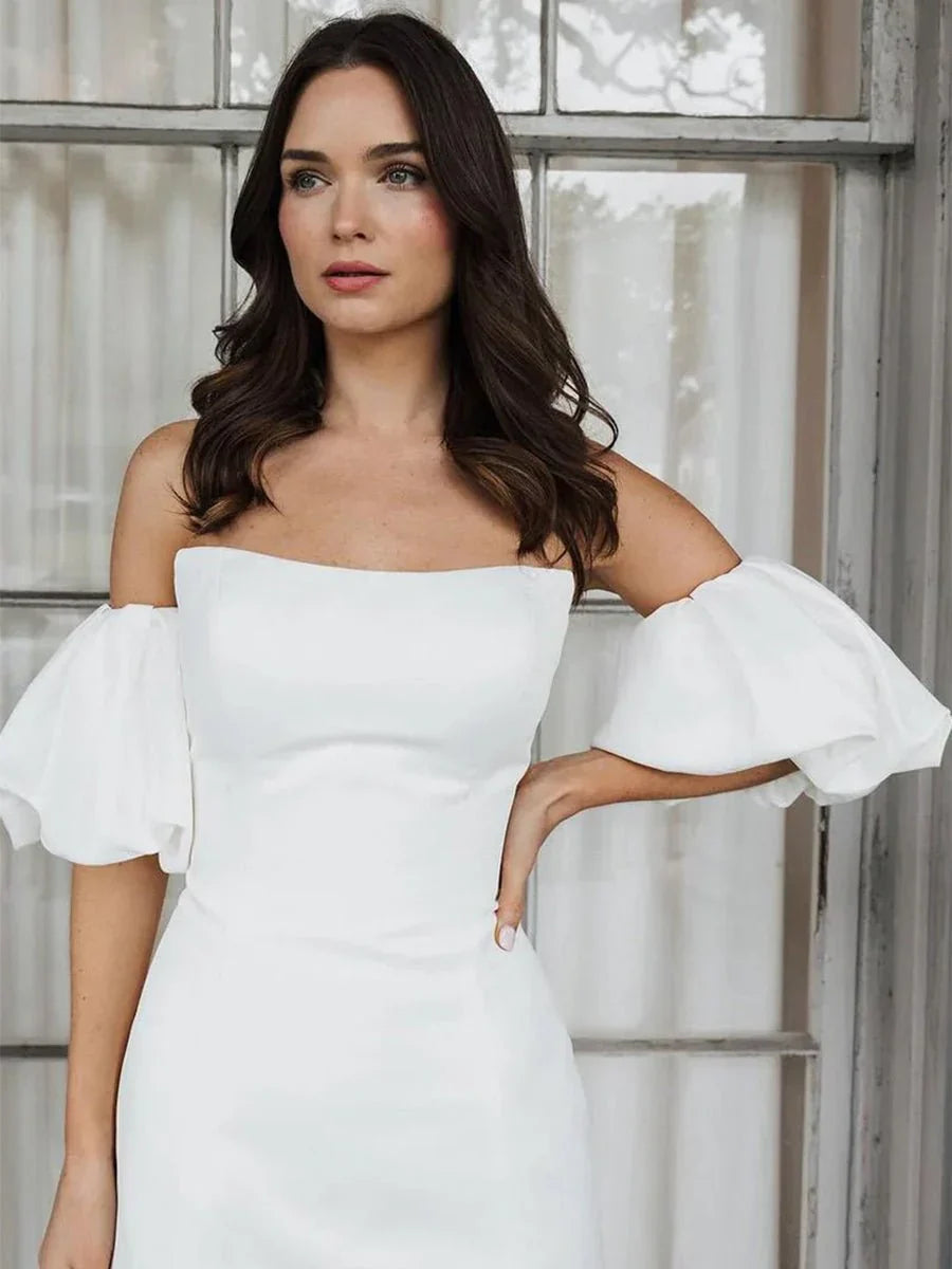 Short Satin White Wedding Dress Strapless Off the Shoulder