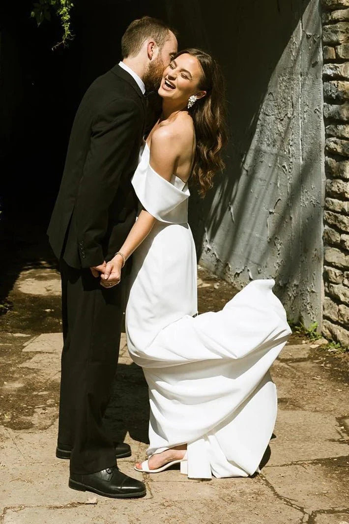 Mermaid White Off the Shoulder Chiffon Long Wedding Dress
