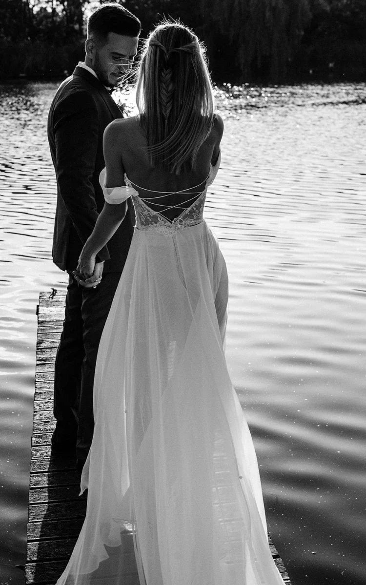 A Line Lace White Lace Up Off the Shoulder Wedding Dress with Slit
