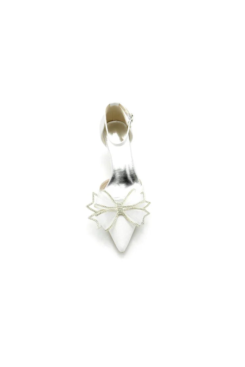 Ankle Strap Pointed Toe Glitter Crystal Wedding Shoes with Bow