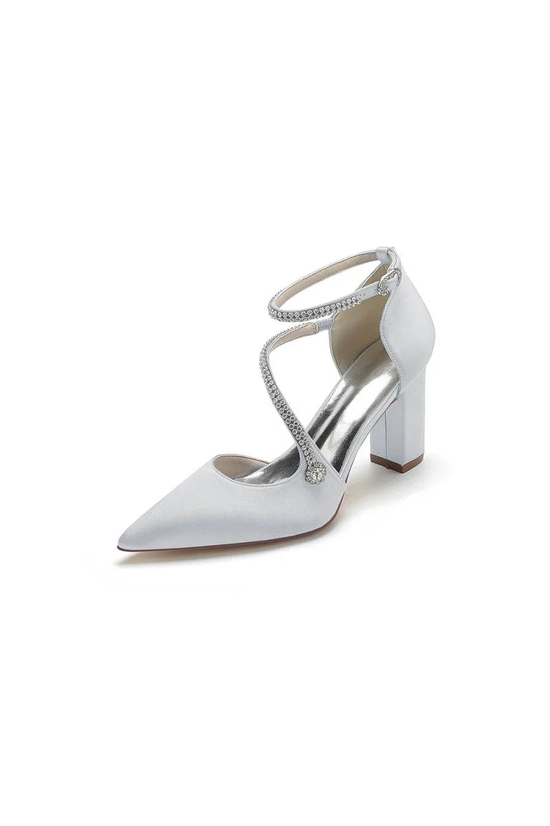 White Satin Pump with Cross Strap and Beaded Buckle
