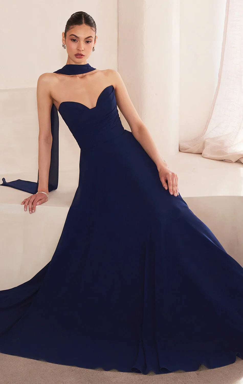 Ella Gown A line Strapless Chiffon Dress With Scarf