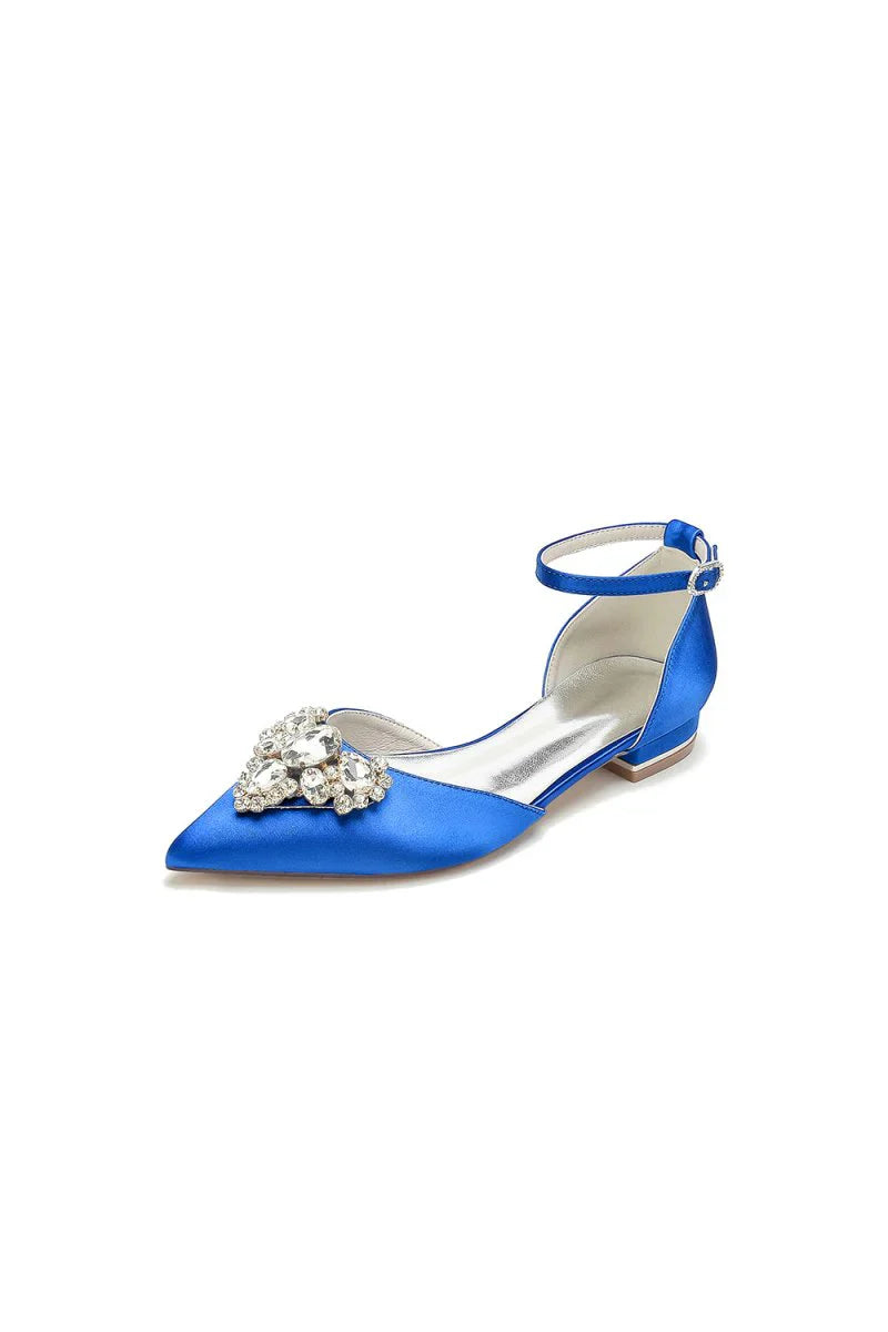 Satin Pointed Toe Ankle Strap Rhinestone Kitten Heels