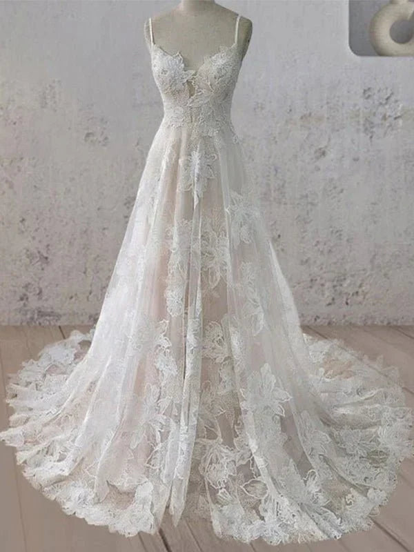 Boho White A Line Lace Appliques Wedding Dress