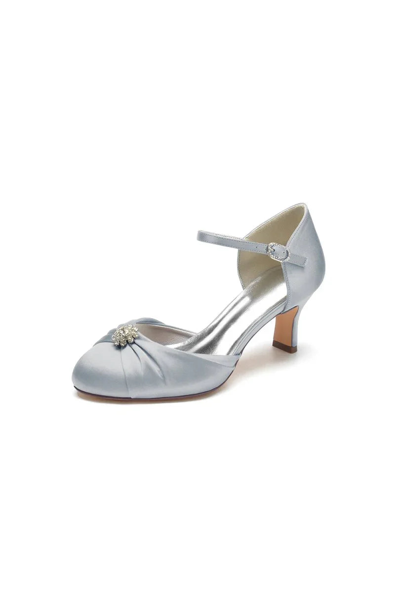 Satin Pointed Toe Strap Buckle Stiletto Heels With Rhinestone