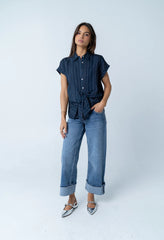 Darian Striped Button Up in Navy