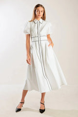 VINTAGE VIBES PUFF SLEEVE MIDI DRESS WHITE