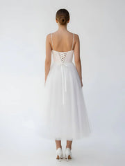 A Line Spaghetti Straps White Satin Tulle Tea Length Wedding Dresses