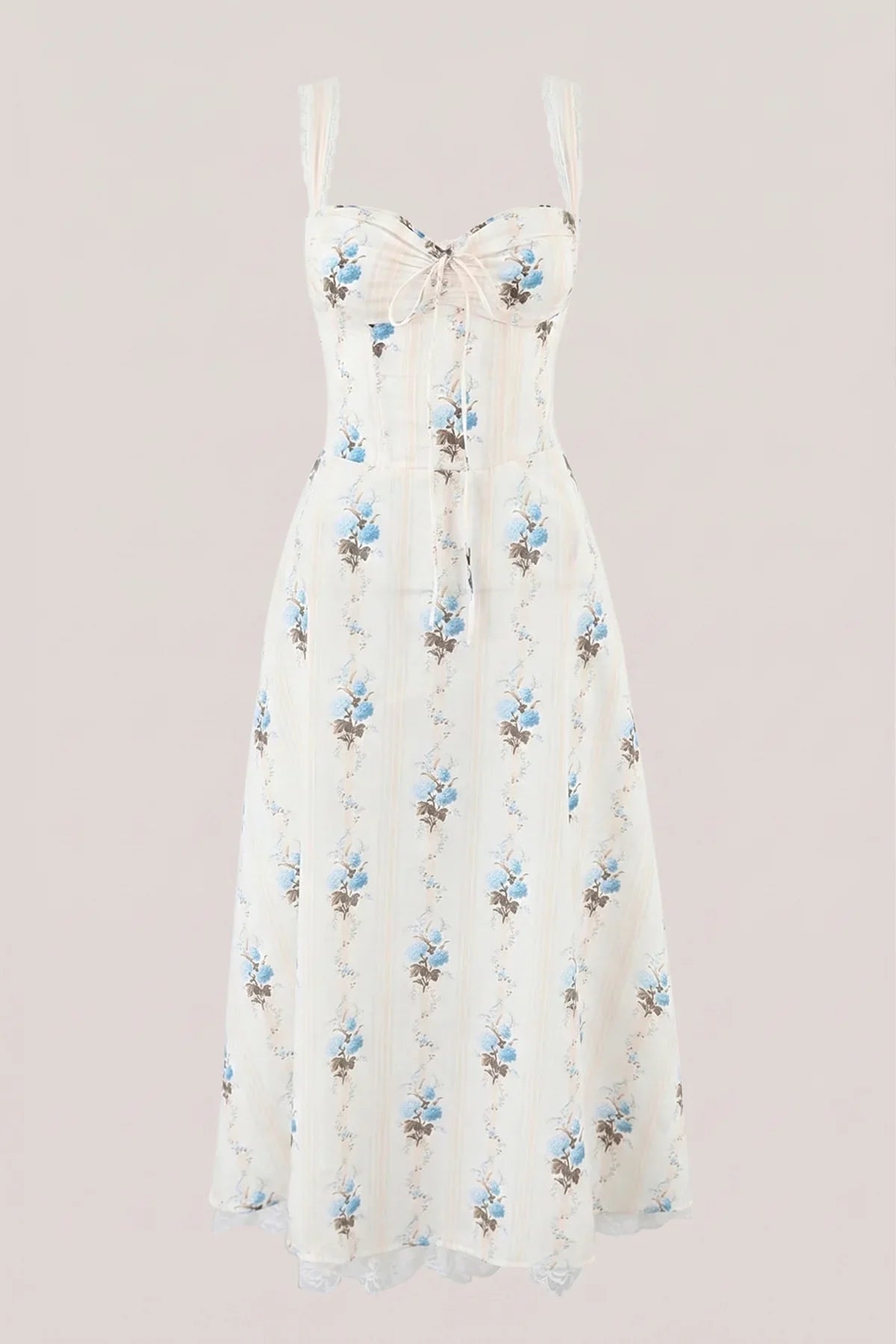 White Warm Rose Print Cotton Ruffled Midi Dress