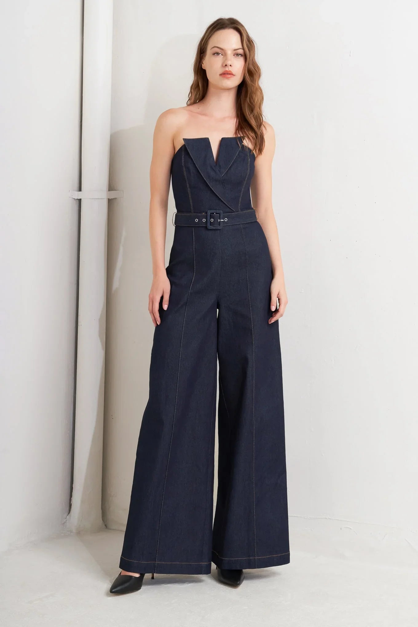LE BONHEUR V CUT VOW DENIM JUMPSUIT FINAL SALE