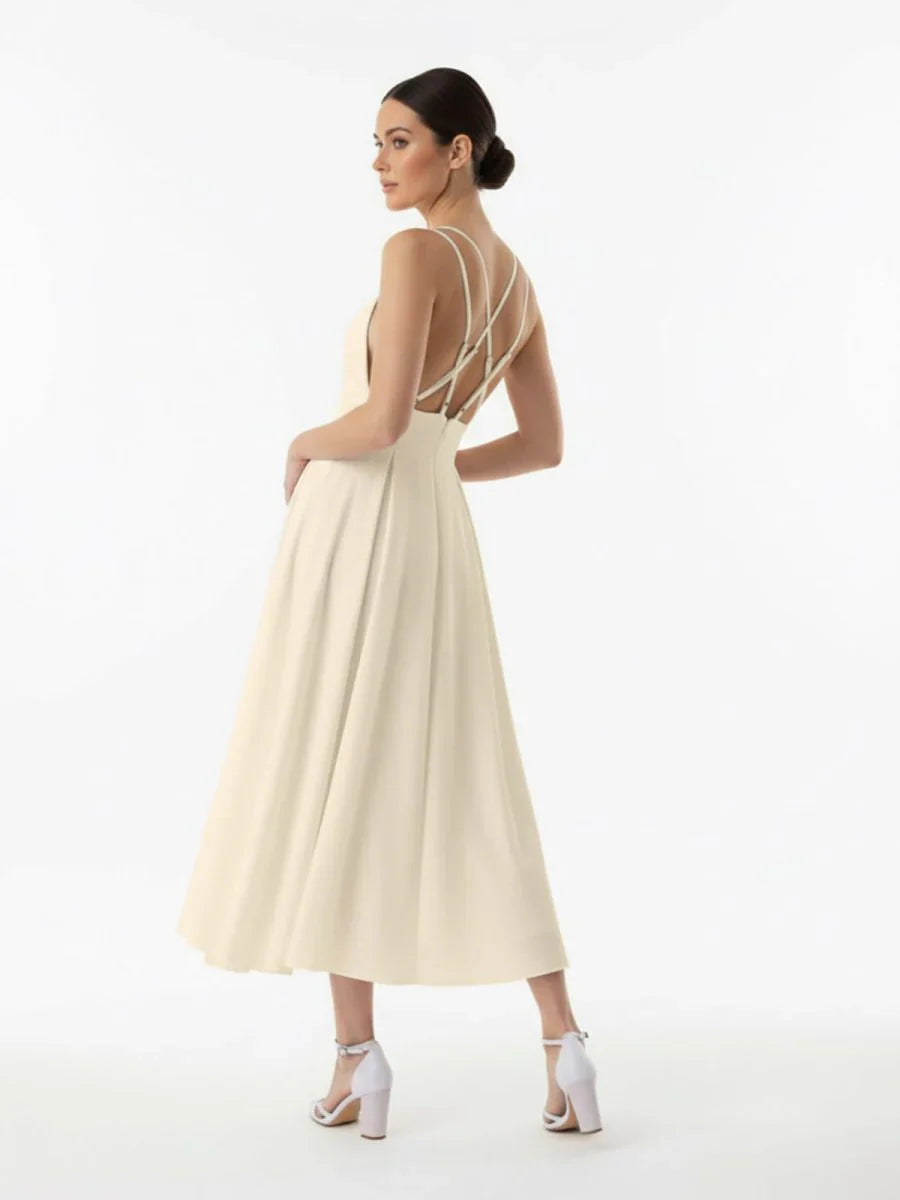 A Line V Neck Sleeveless Satin Knee Length Wedding Dress