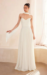Ella Gown A line Strapless Chiffon Dress With Scarf Off White