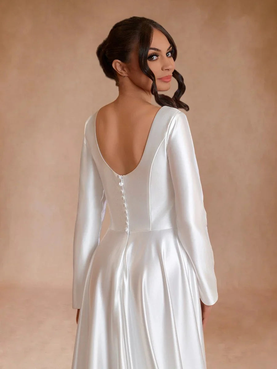 Vintage Satin A Line Bateau Neckline Long Sleeves Bridal Gown Wedding Dresses