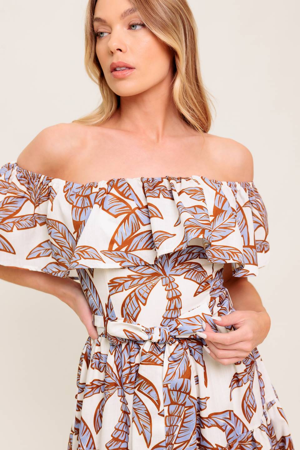 PALM TREE GARDEN OFF THE SHOULDER MIDI DRESS
