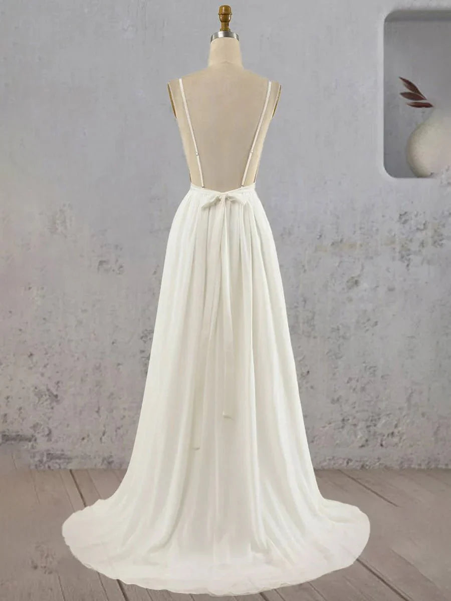 A Line V Neck Straps Spaghetti Sheath Chiffon Wedding Dress