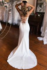 Sheath White Lace Up Back Wedding Dress with Slit