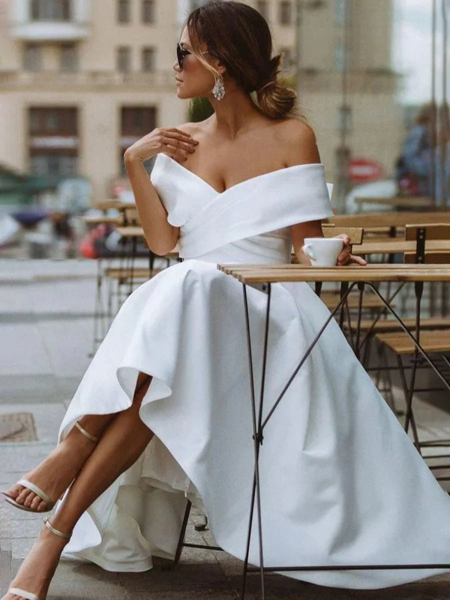 A Line Satin Tea Length White Off the Shoulder Wedding Dress