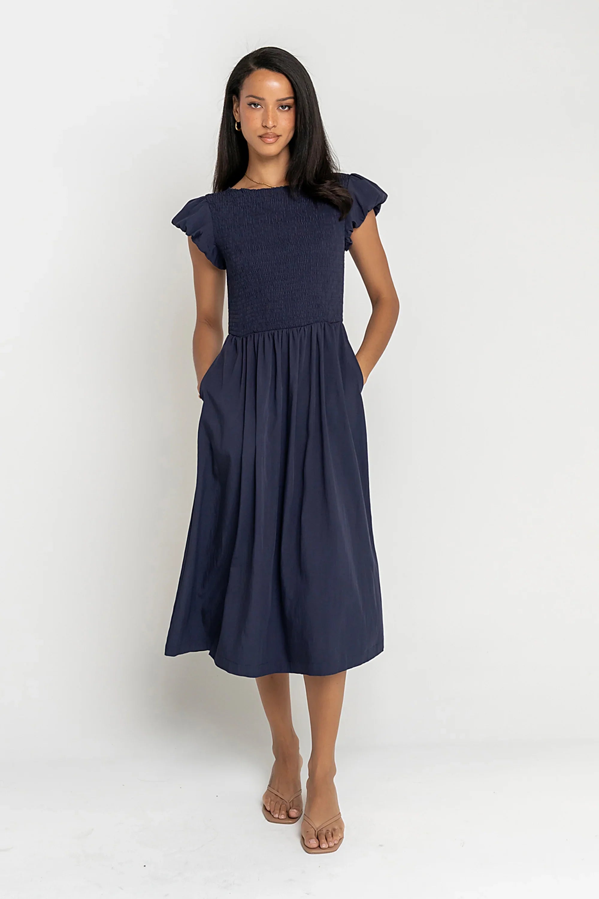 Harshell Smocked Midi Dress