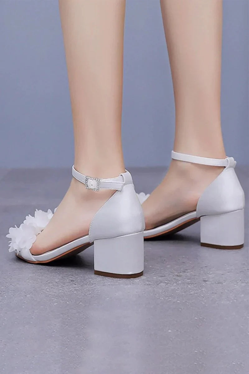 White Floral Satin Open Toe Low Chunky Heels