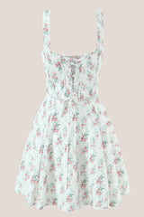 White Vintage Rose Printed A Line Cotton Mini Dress