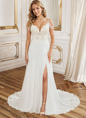 A Line V Neck Sweep Train Wedding Dress With Lace Split Front