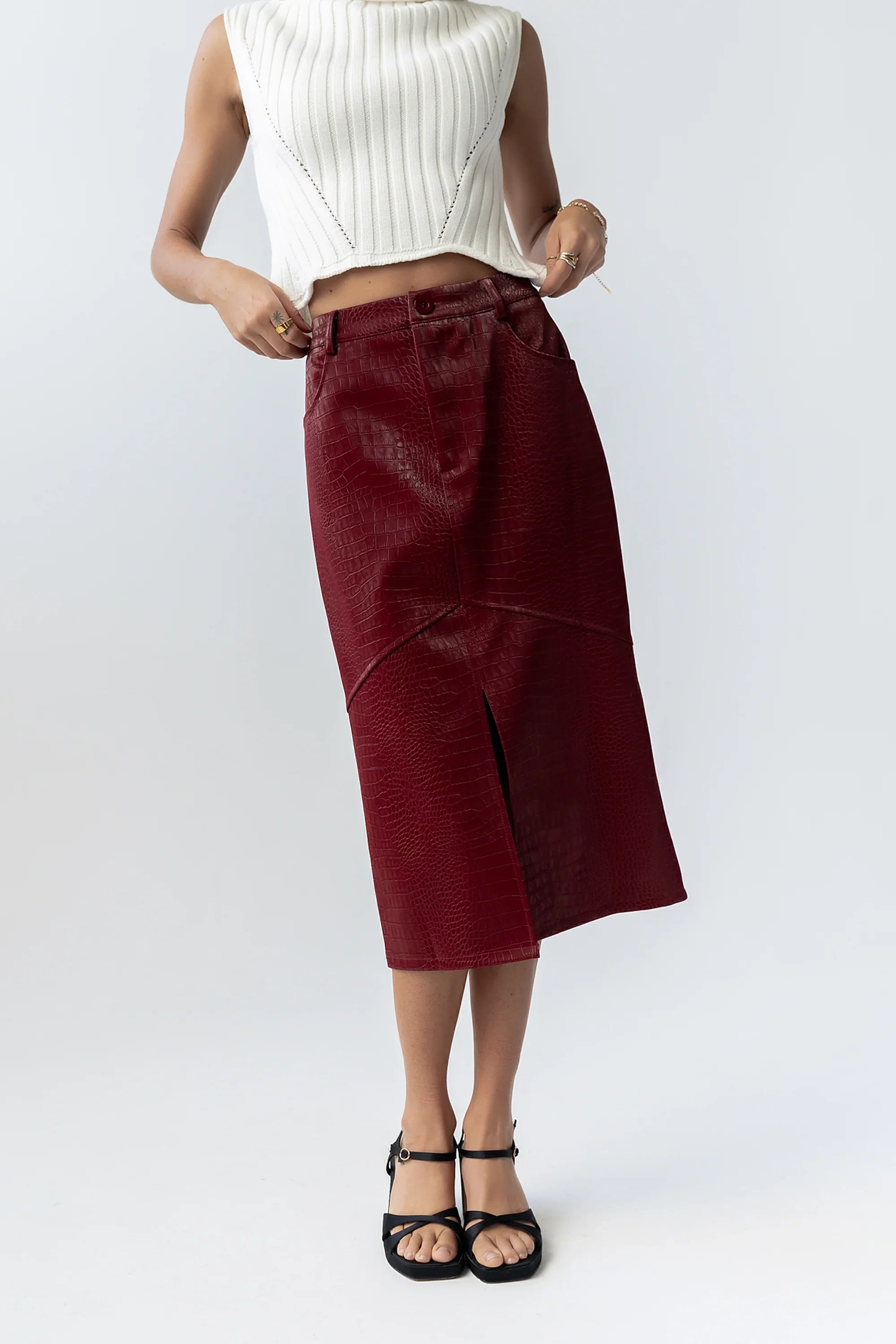 Walter Vegan Leather Midi Skirt in Wine