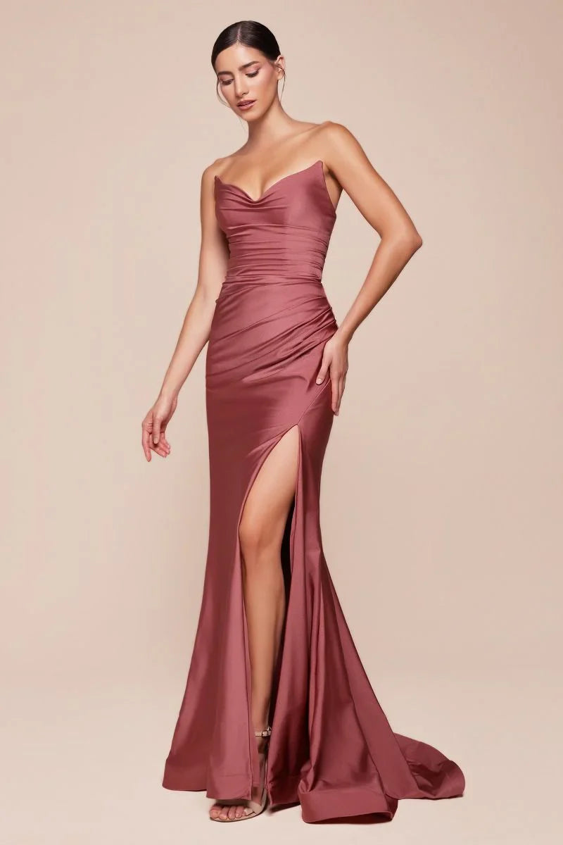 AVA POINTED V NECKLINE GOWN STRAPLESS STRETCH SPANDEX SATIN FITTED DRESS