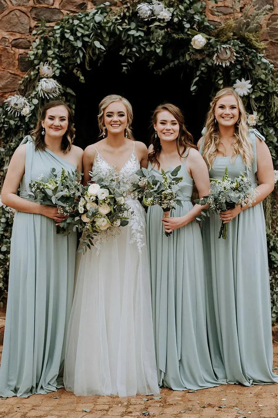 Grey Green Chiffon Spaghetti Straps A Line Long Bridesmaid Dress