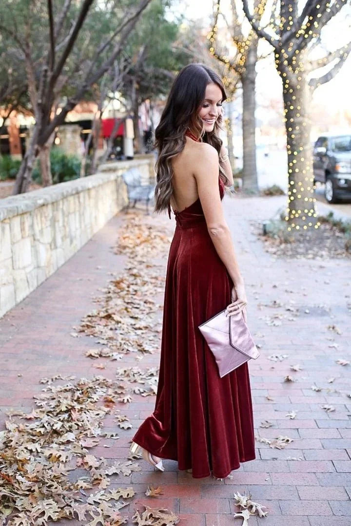 Elegant A Line Halter Backless Burgundy Velvet Long Bridesmaid Dresses Prom Gown