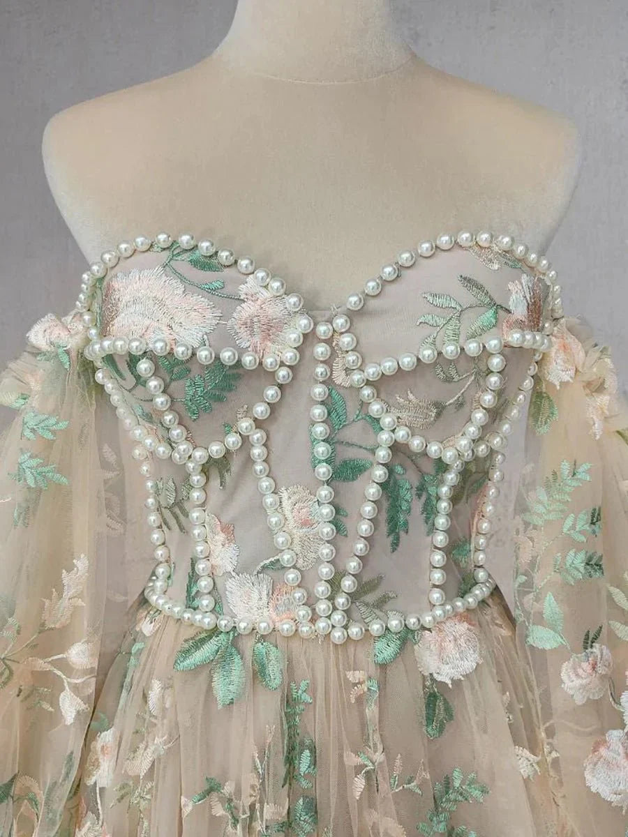 A Line Light Green Sweetheart Pearl Wedding Dress