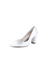 Black Satin High Heels with a Crystal Flower Accent