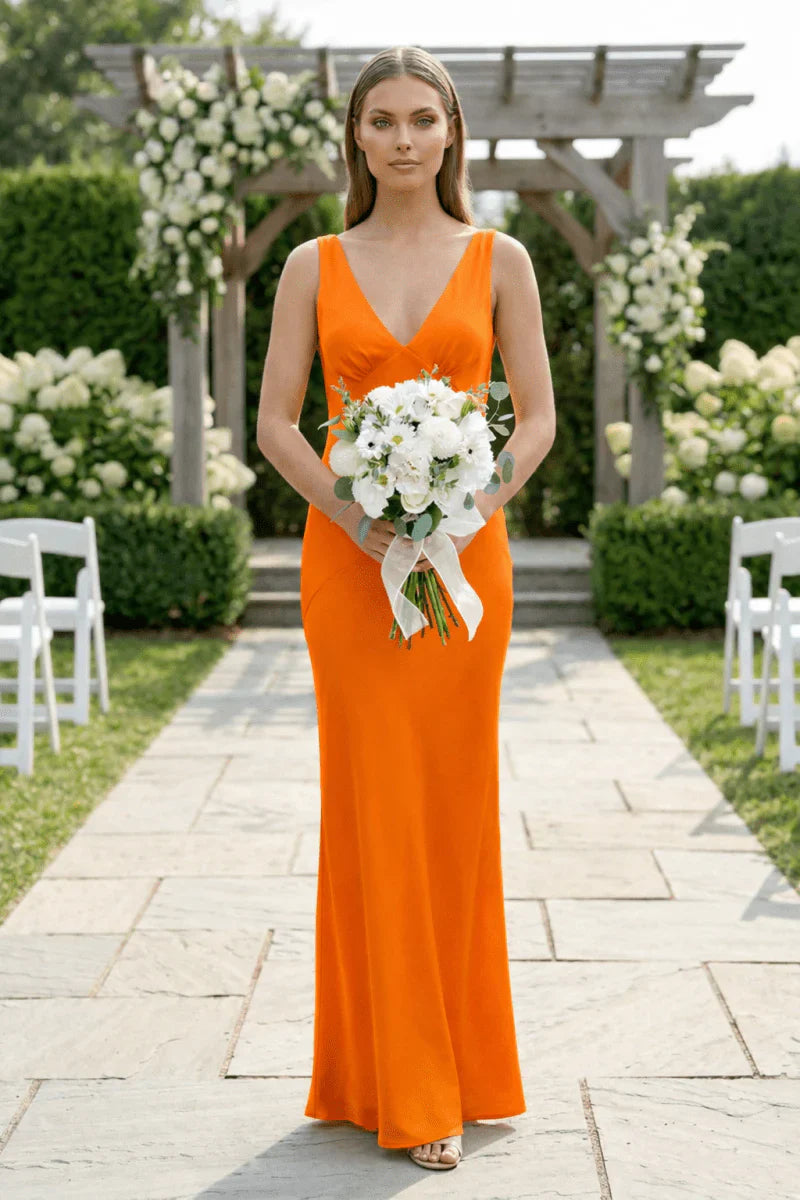 Charming Sheath V Neck Stretch Satin Bridesmaid Dresses