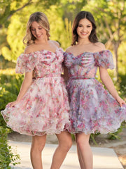 Ivana A Line Off the Shoulder Printed Tulle Short Homecoming Dress