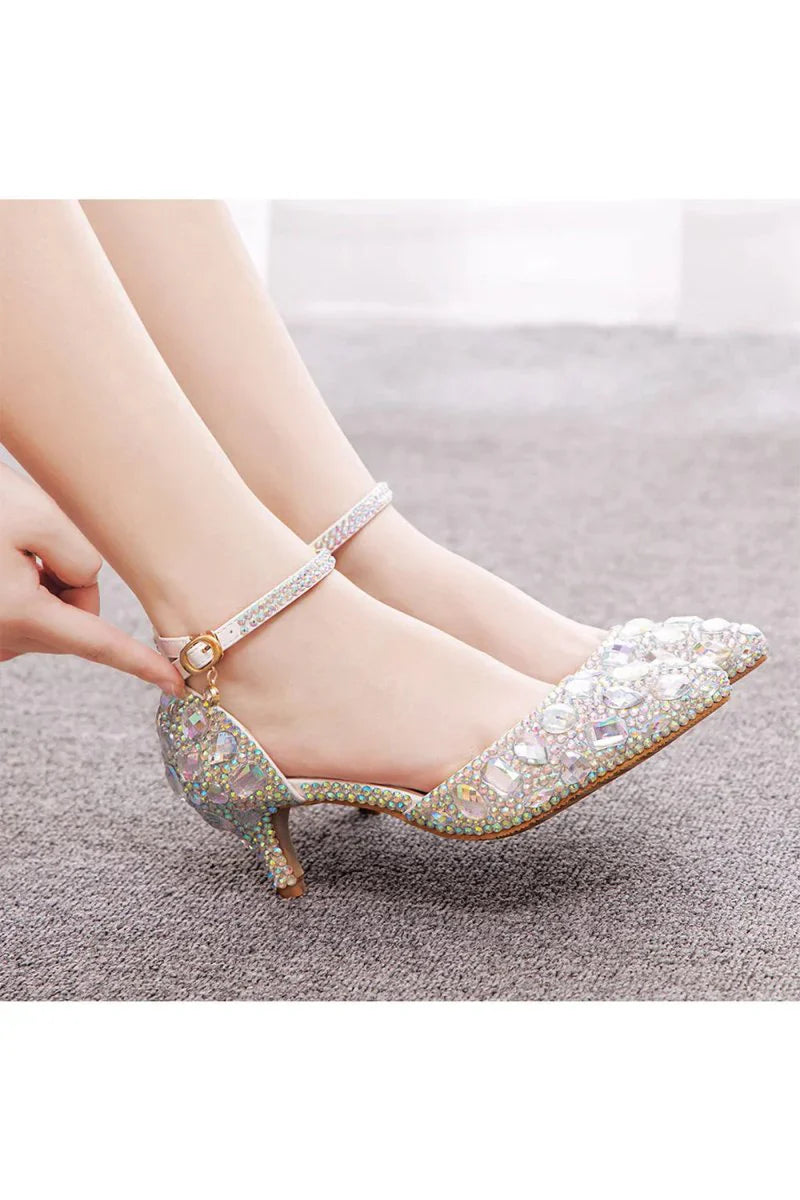Pointed Toe Crystal Diamond Ankle Strap Kitten Heels