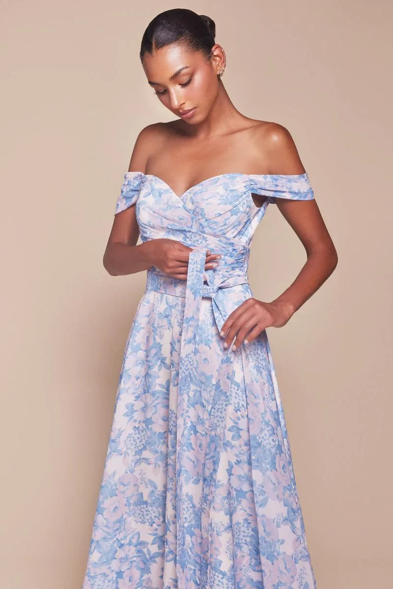 TILDA GOWN BLUE OFF THE SHOULDER FLORAL PRINTED A LINE DRESS