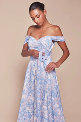 TILDA GOWN BLUE OFF THE SHOULDER FLORAL PRINTED A LINE DRESS